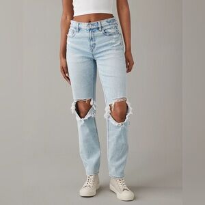 AE Stretch Super High-Waisted Ripped Ankle Straight Jean, Size 4, Light Wash